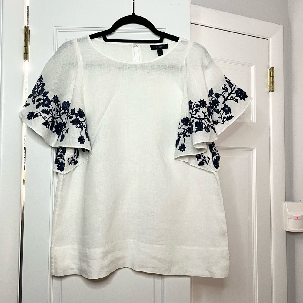 J. Crew White Linen Blouse with Blue Floral Embroidery